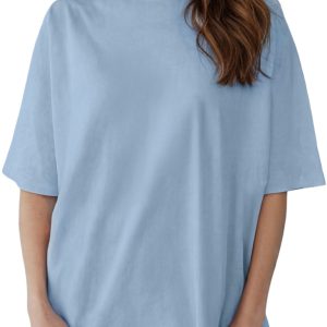 Women's Beau Blue High Neck Oversize Tee – Relaxed Fit Short Sleeve Casual Cotton Blend Top - Main View