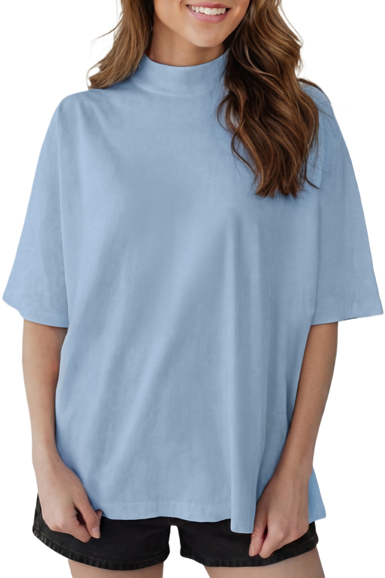 Women's Beau Blue High Neck Oversize Tee – Relaxed Fit Short Sleeve Casual Cotton Blend Top - Main View Women's Beau Blue High Neck Oversize Tee – Relaxed Fit Short Sleeve Casual Cotton Blend Top - Main View