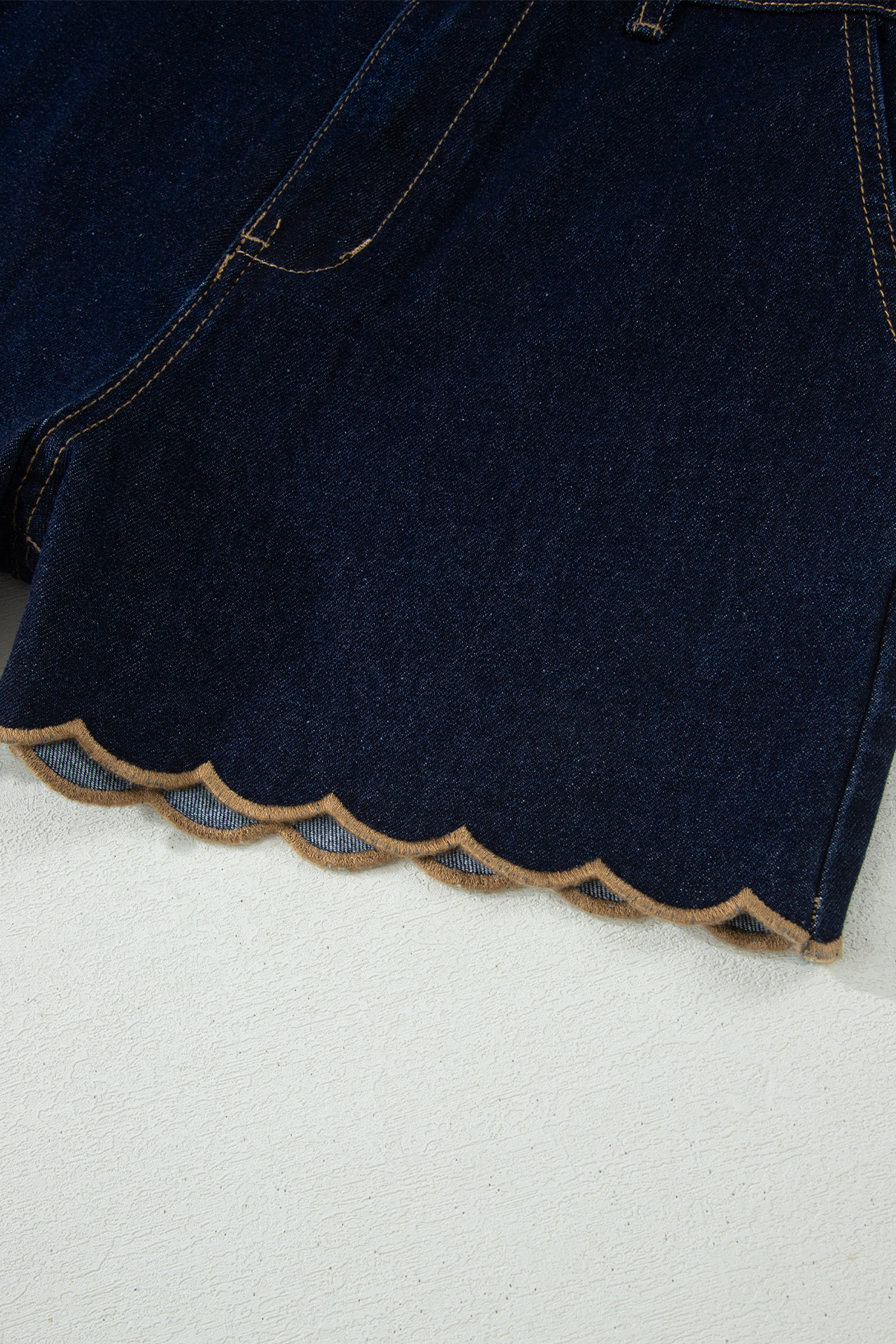Southern Belle Denim Shorts – Embroidered Scalloped Trim, Casual Navy Blue Shift Style - Detail View 11 Southern Belle Denim Shorts – Embroidered Scalloped Trim, Casual Navy Blue Shift Style - Detail View 11