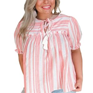 Chic Pink Stripe Plus Size Blouse with Puff Sleeves and Tassel Tie Detail - Main View