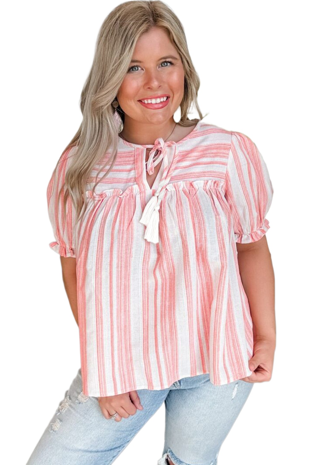 Chic Pink Stripe Plus Size Blouse with Puff Sleeves and Tassel Tie Detail - Main View Chic Pink Stripe Plus Size Blouse with Puff Sleeves and Tassel Tie Detail - Main View
