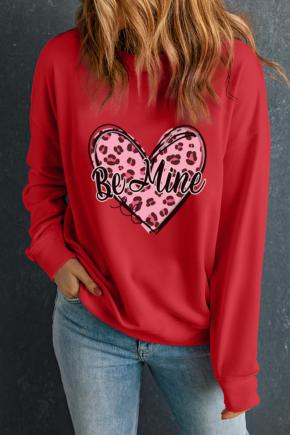 Women's Red 'Be Mine' Leopard Heart Printed Valentine's Sweatshirt - Detail View 9 Women's Red 'Be Mine' Leopard Heart Printed Valentine's Sweatshirt - Detail View 9