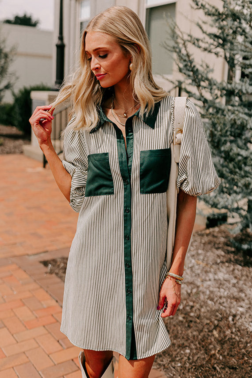 Women's Mini Dress, Green Dress, Striped Dress, Button Down, Puff Sleeve, Patch Pockets, Casual Wear, Coffee Date Outfit, Summer Fashion, Color Block, Southern Belle Style, Shift Silhouette, Short Length Dress - Detail View 4 Women's Mini Dress, Green Dress, Striped Dress, Button Down, Puff Sleeve, Patch Pockets, Casual Wear, Coffee Date Outfit, Summer Fashion, Color Block, Southern Belle Style, Shift Silhouette, Short Length Dress - Detail View 4