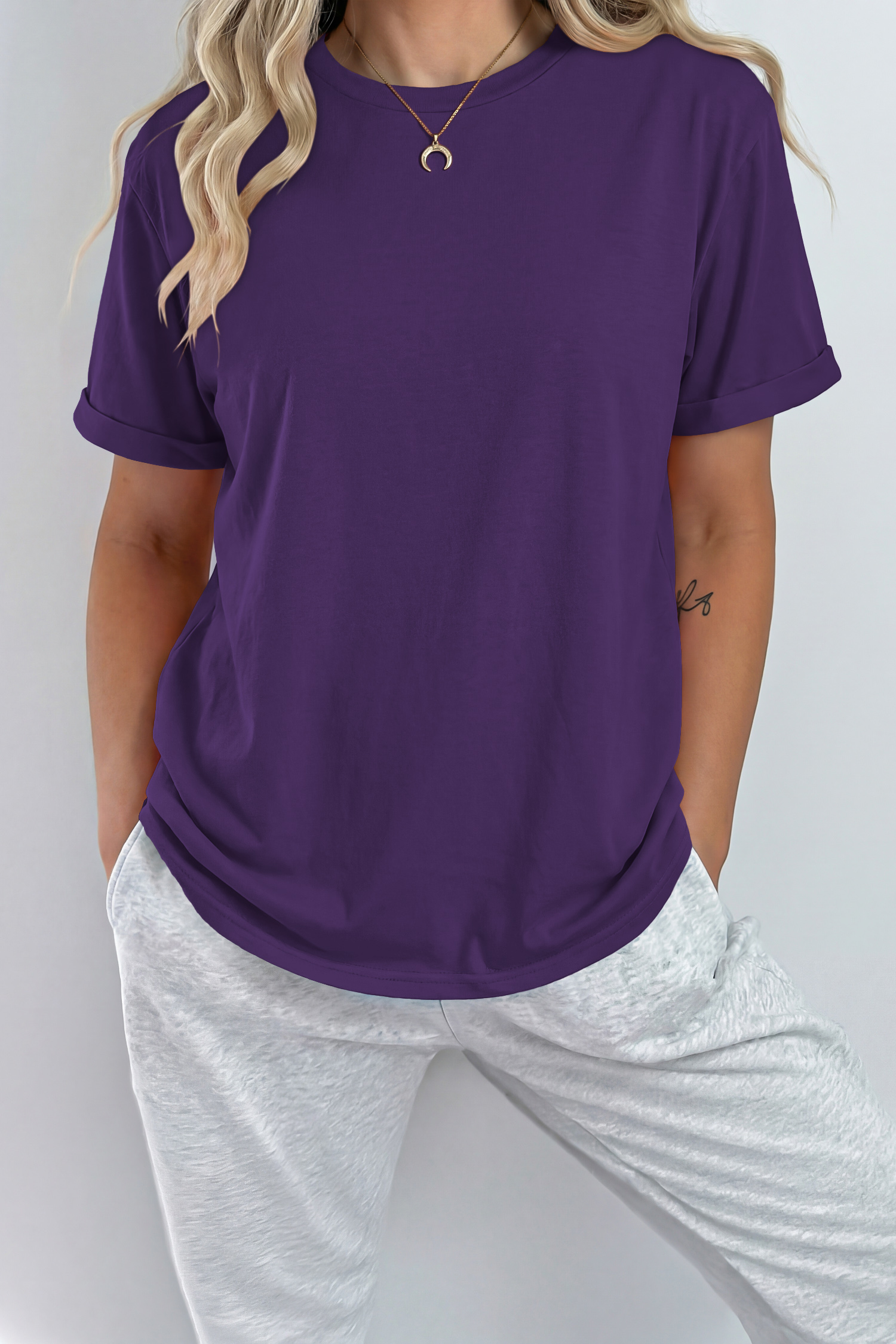 Tillandsia Purple Solid Color T-Shirt for Women – Short Sleeve Round Neck Top, Summer Casual Style - Detail View 2 Tillandsia Purple Solid Color T-Shirt for Women – Short Sleeve Round Neck Top, Summer Casual Style - Detail View 2