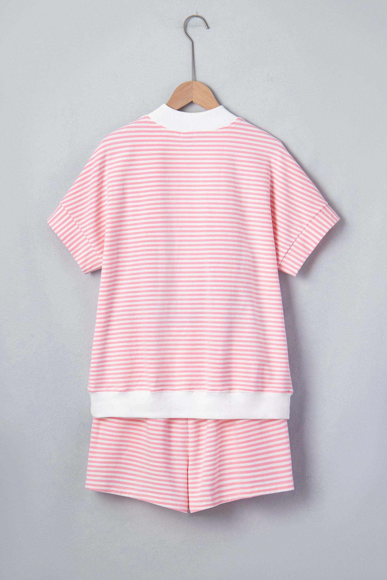 Casual Women's Striped Short Set – Contrast Mock Neck Tee with Matching Bottoms, Summer Wear - Detail View 5 Casual Women's Striped Short Set – Contrast Mock Neck Tee with Matching Bottoms, Summer Wear - Detail View 5