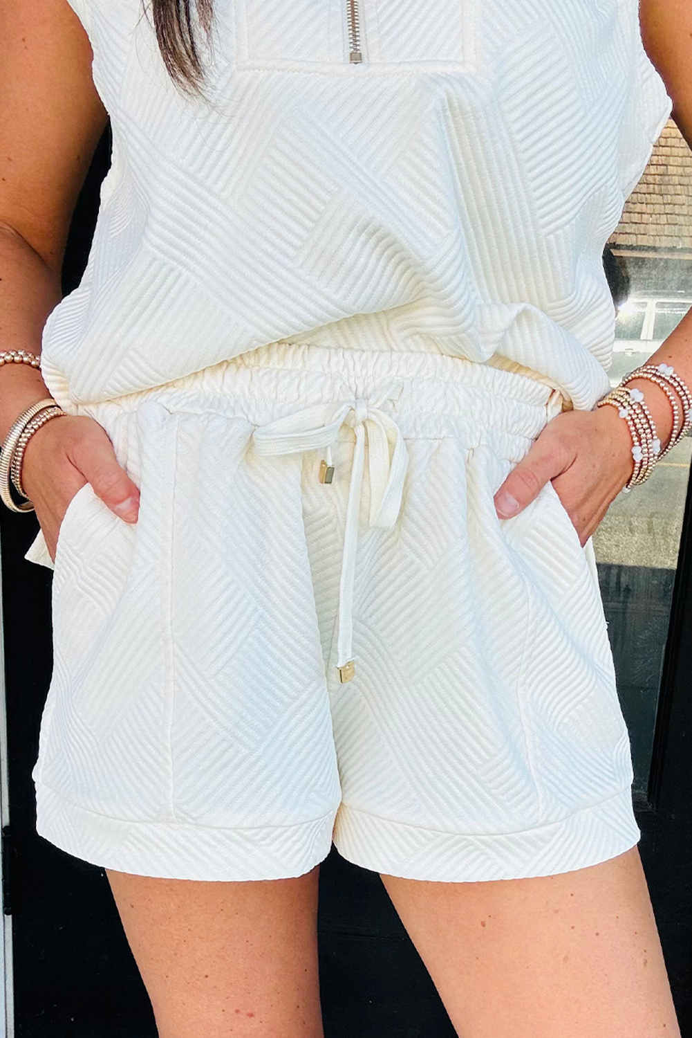 Comfortable and Chic Women's Summer Outfit - Textured Half Zip Tank with Matching Drawstring Shorts - Detail View 3 Comfortable and Chic Women's Summer Outfit - Textured Half Zip Tank with Matching Drawstring Shorts - Detail View 3