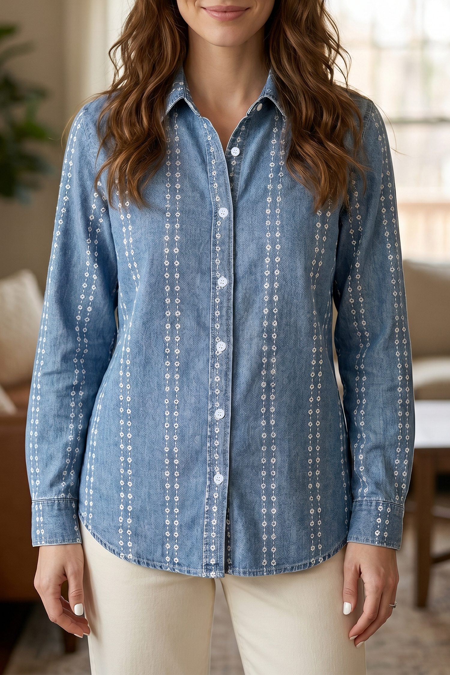 Womens Cotton Blend Denim Shirt, Daily Long Sleeve Blouse - Detail View 6 Womens Cotton Blend Denim Shirt, Daily Long Sleeve Blouse - Detail View 6