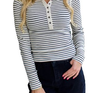 Women's Black Stripe Ribbed Knit Top – Casual Half Button Long Sleeve for Daily Wear - Main View
