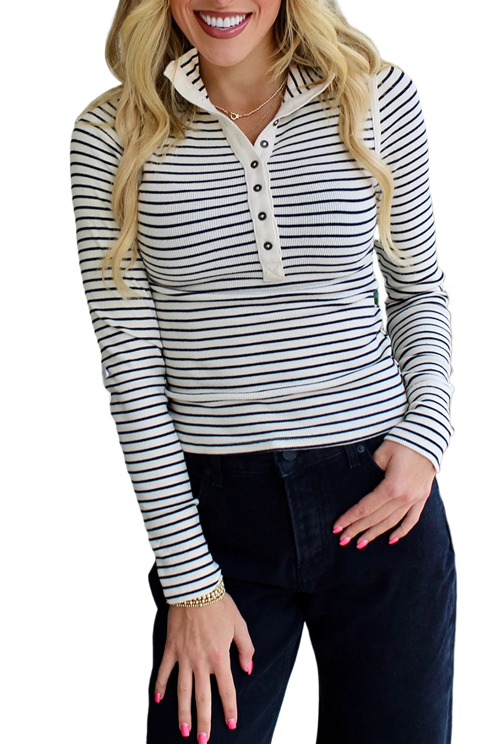 Women's Black Stripe Ribbed Knit Top – Casual Half Button Long Sleeve for Daily Wear - Main View Women's Black Stripe Ribbed Knit Top – Casual Half Button Long Sleeve for Daily Wear - Main View