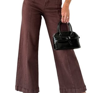 Women's Red Sandalwood Wide Leg Cropped Jeans – Casual Daily High Waist Denim - Main View