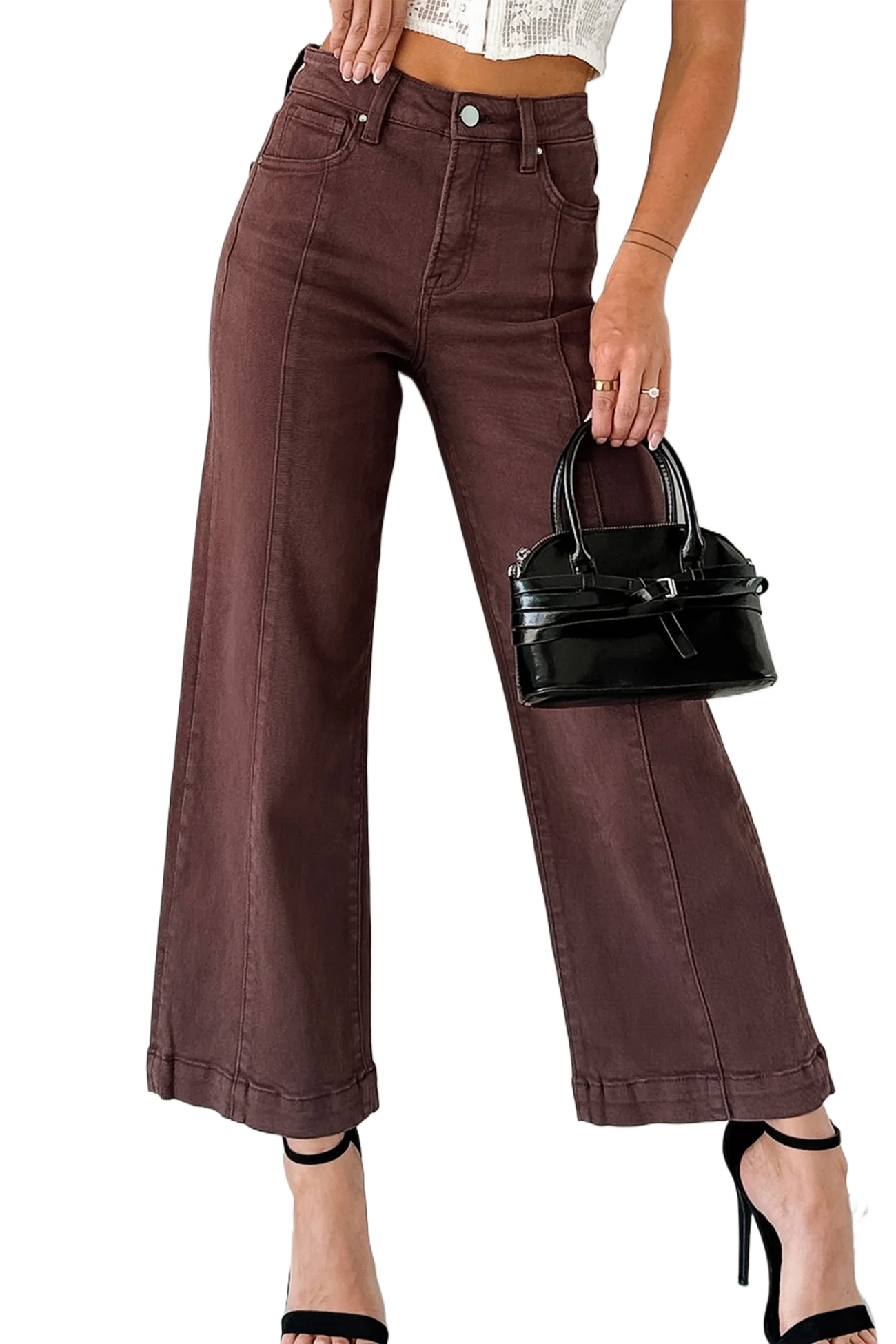 Women's Red Sandalwood Wide Leg Cropped Jeans – Casual Daily High Waist Denim - Main View Women's Red Sandalwood Wide Leg Cropped Jeans – Casual Daily High Waist Denim - Main View