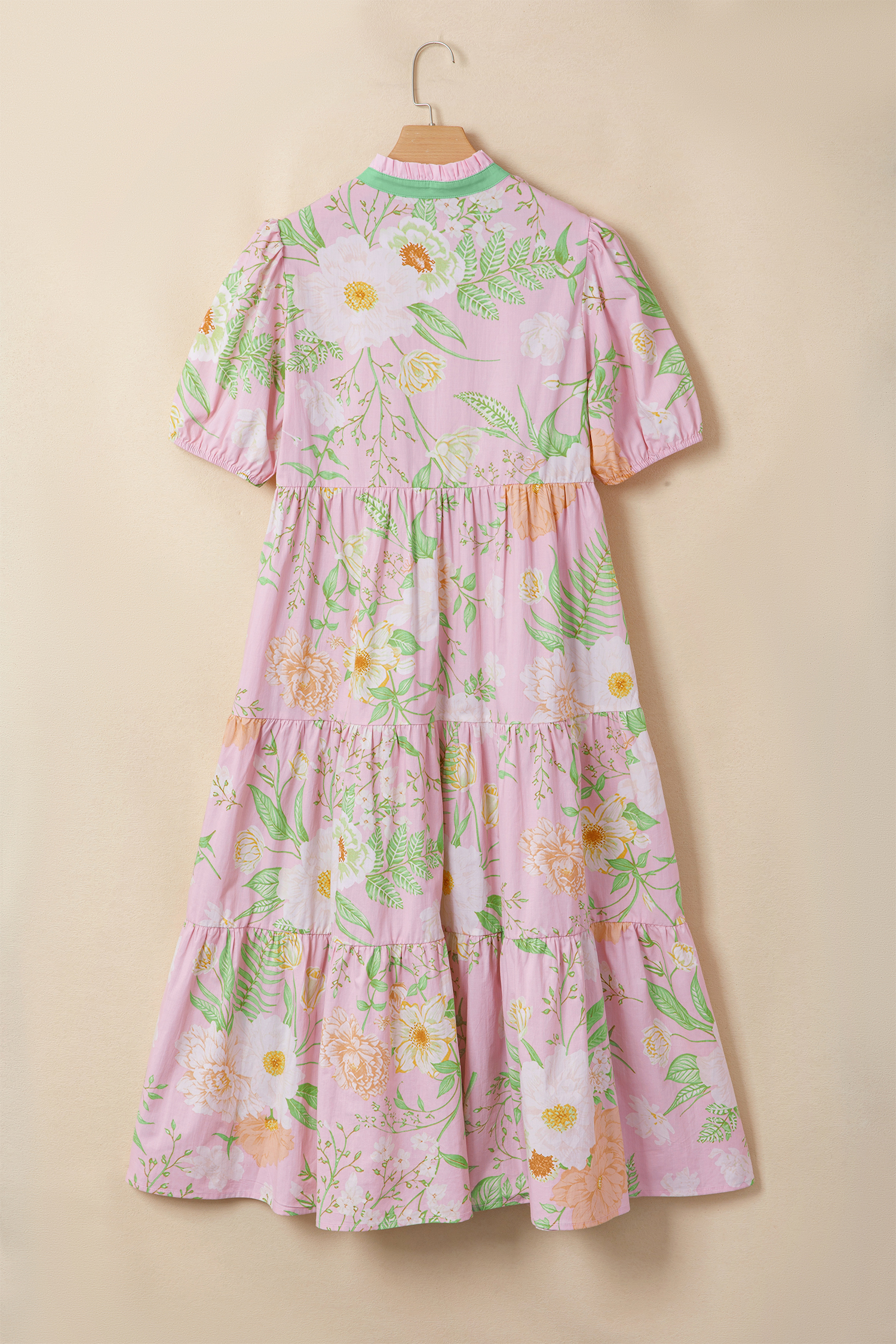 Women's Pink Floral Maxi Dress – Short Puff Sleeve High Waist Tiered Cotton Summer Dress - Detail View 7 Women's Pink Floral Maxi Dress – Short Puff Sleeve High Waist Tiered Cotton Summer Dress - Detail View 7