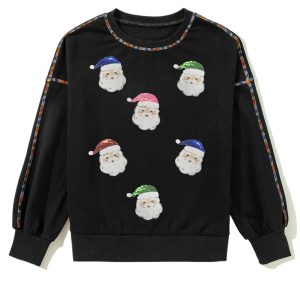 Women's Black Sequin Patched Santa Claus Baggy Sweatshirt – Festive Casual Style for Christmas - Main View