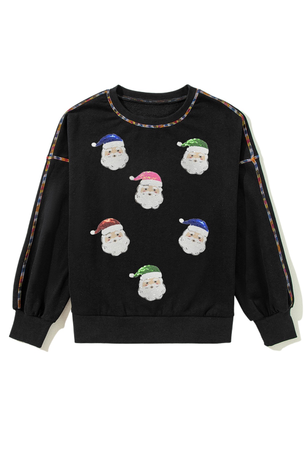 Women's Black Sequin Patched Santa Claus Baggy Sweatshirt – Festive Casual Style for Christmas - Main View Women's Black Sequin Patched Santa Claus Baggy Sweatshirt – Festive Casual Style for Christmas - Main View