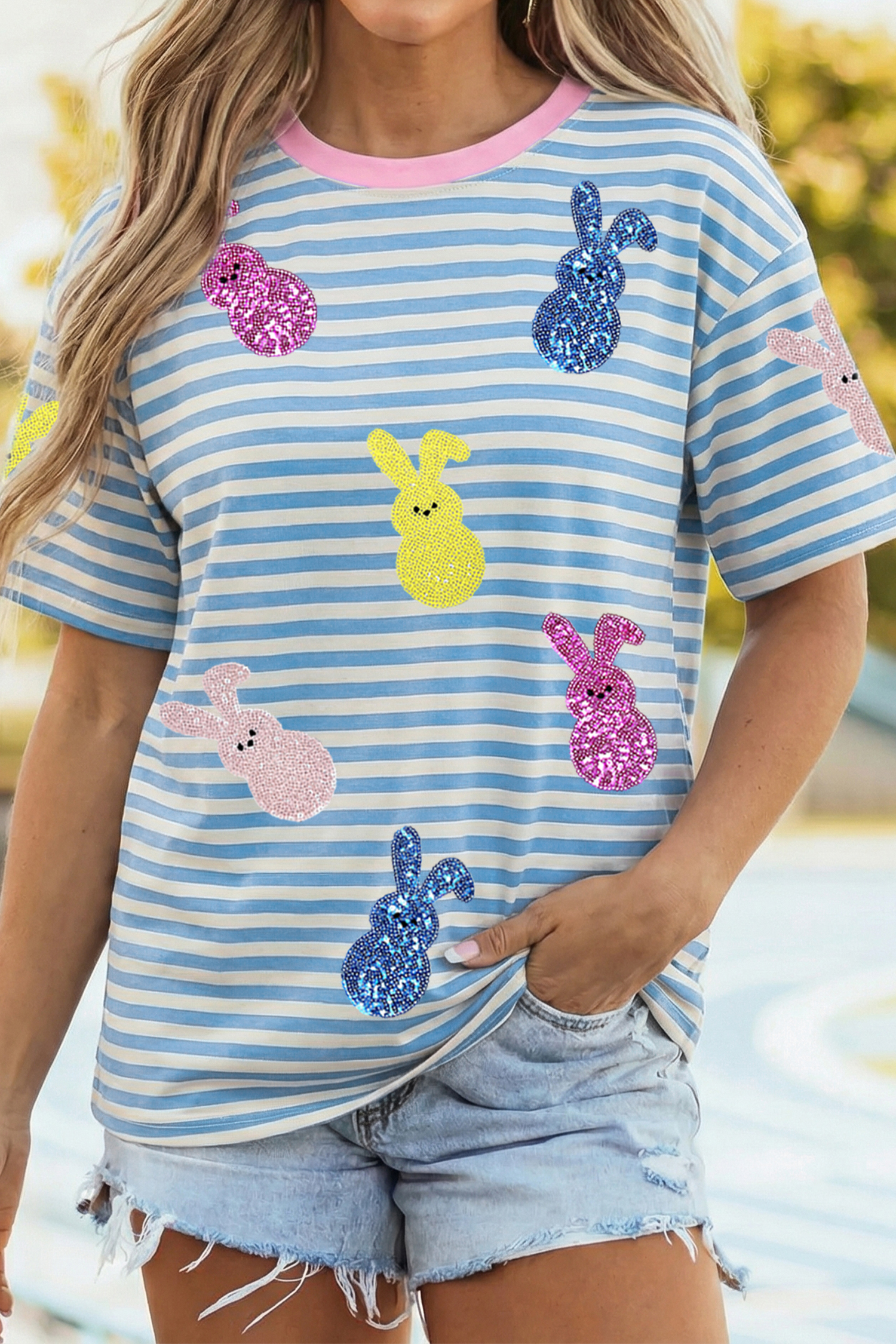 Casual Sky Blue Stripe Sequin Bunny Tee for Women – Ideal for Daily Wear and Spring Outings - Detail View 3 Casual Sky Blue Stripe Sequin Bunny Tee for Women – Ideal for Daily Wear and Spring Outings - Detail View 3