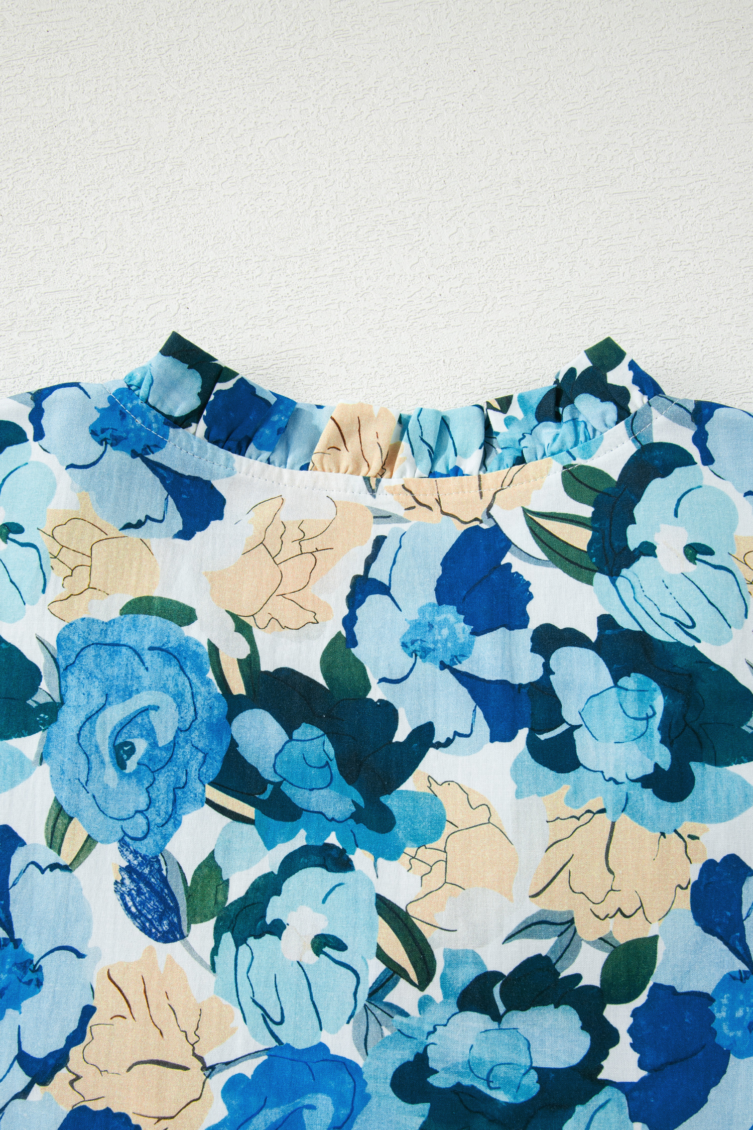 Women's Sky Blue Floral Print Blouse – Short Puff Sleeve V Neck, Casual Summer Style - Detail View 7 Women's Sky Blue Floral Print Blouse – Short Puff Sleeve V Neck, Casual Summer Style - Detail View 7