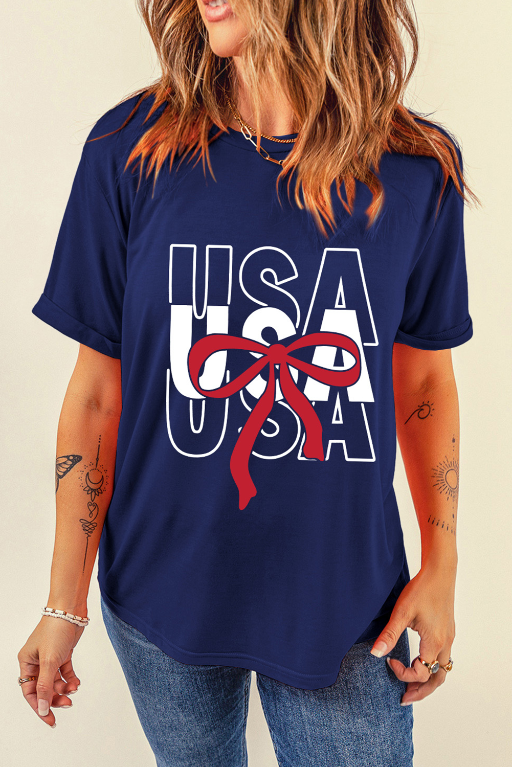 Women's T-Shirt, Blue, USA Print, Bow Pattern, Casual Style, Cotton Blend, Short Sleeve, Round Neck, Daily Wear, Trendy, Summer Fashion, Comfortable Fit, Graphic Tees - Detail View 4 Women's T-Shirt, Blue, USA Print, Bow Pattern, Casual Style, Cotton Blend, Short Sleeve, Round Neck, Daily Wear, Trendy, Summer Fashion, Comfortable Fit, Graphic Tees - Detail View 4