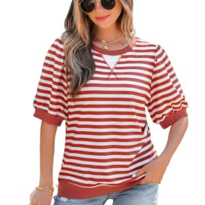 Women's Orange Stripe T-Shirt – Short Bubble Sleeve Round Neck Casual Shift Top - Main View