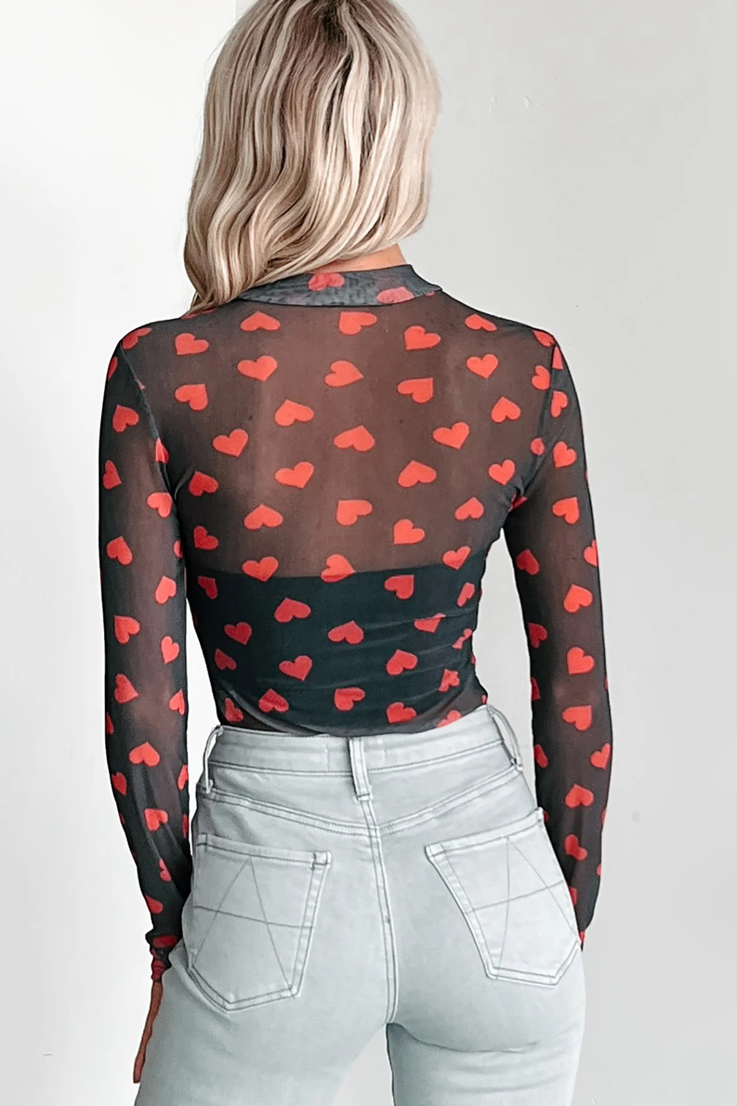 Valentine's Day Black Heart Sheer Mesh Top for Women – Stylish Long Sleeve Casual Fashion - Detail View 2 Valentine's Day Black Heart Sheer Mesh Top for Women – Stylish Long Sleeve Casual Fashion - Detail View 2