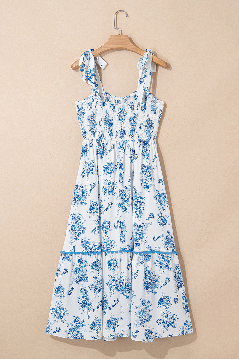 Women's Dress, Sky Blue, Floral Print, Shirred Bodice, Knot Shoulder, Sleeveless, Long Dress, A-Line Silhouette, Summer Fashion, Vacation Wear, Beach Dress, Outdoor Style, Elegant Look, Chic Accessories - Detail View 4 Women's Dress, Sky Blue, Floral Print, Shirred Bodice, Knot Shoulder, Sleeveless, Long Dress, A-Line Silhouette, Summer Fashion, Vacation Wear, Beach Dress, Outdoor Style, Elegant Look, Chic Accessories - Detail View 4
