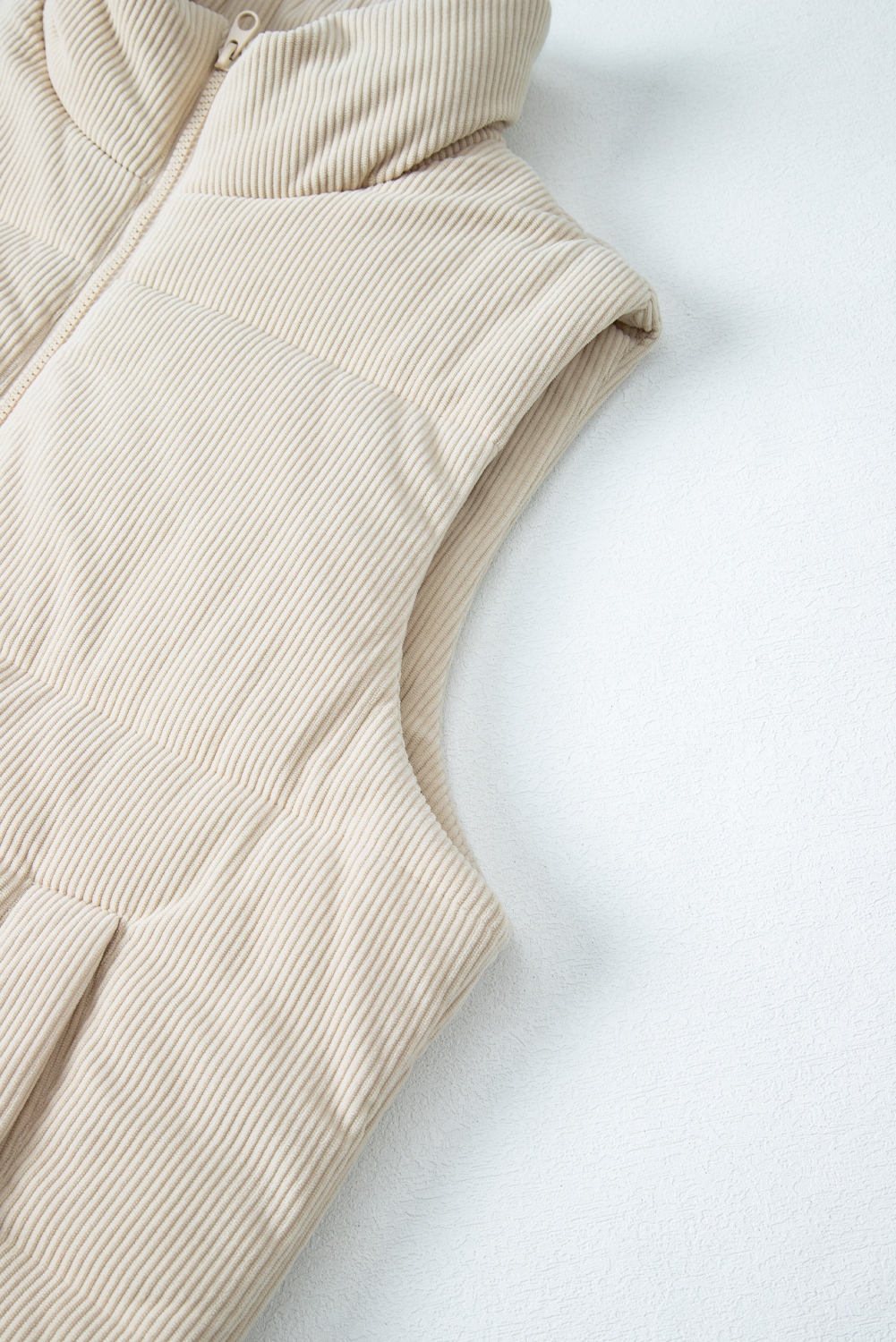 Casual Beige Corduroy Puffer Vest with Zipper for Women in Winter - Detail View 11 Casual Beige Corduroy Puffer Vest with Zipper for Women in Winter - Detail View 11