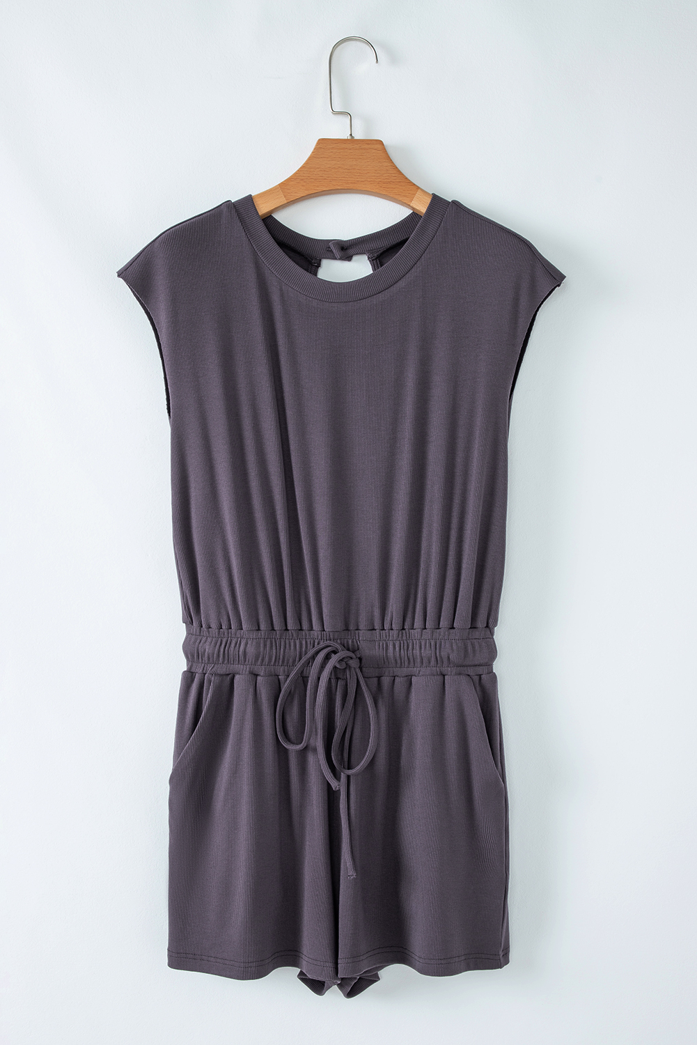 Women's Bristol Black Knit Open Back Drawstring Romper with Cap Sleeves - Detail View 13 Women's Bristol Black Knit Open Back Drawstring Romper with Cap Sleeves - Detail View 13