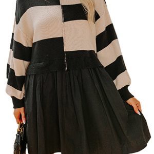 Women's Black Stripe Two-in-One Knitted Top High Waist Splicing Hem Sweater Dress - Main View