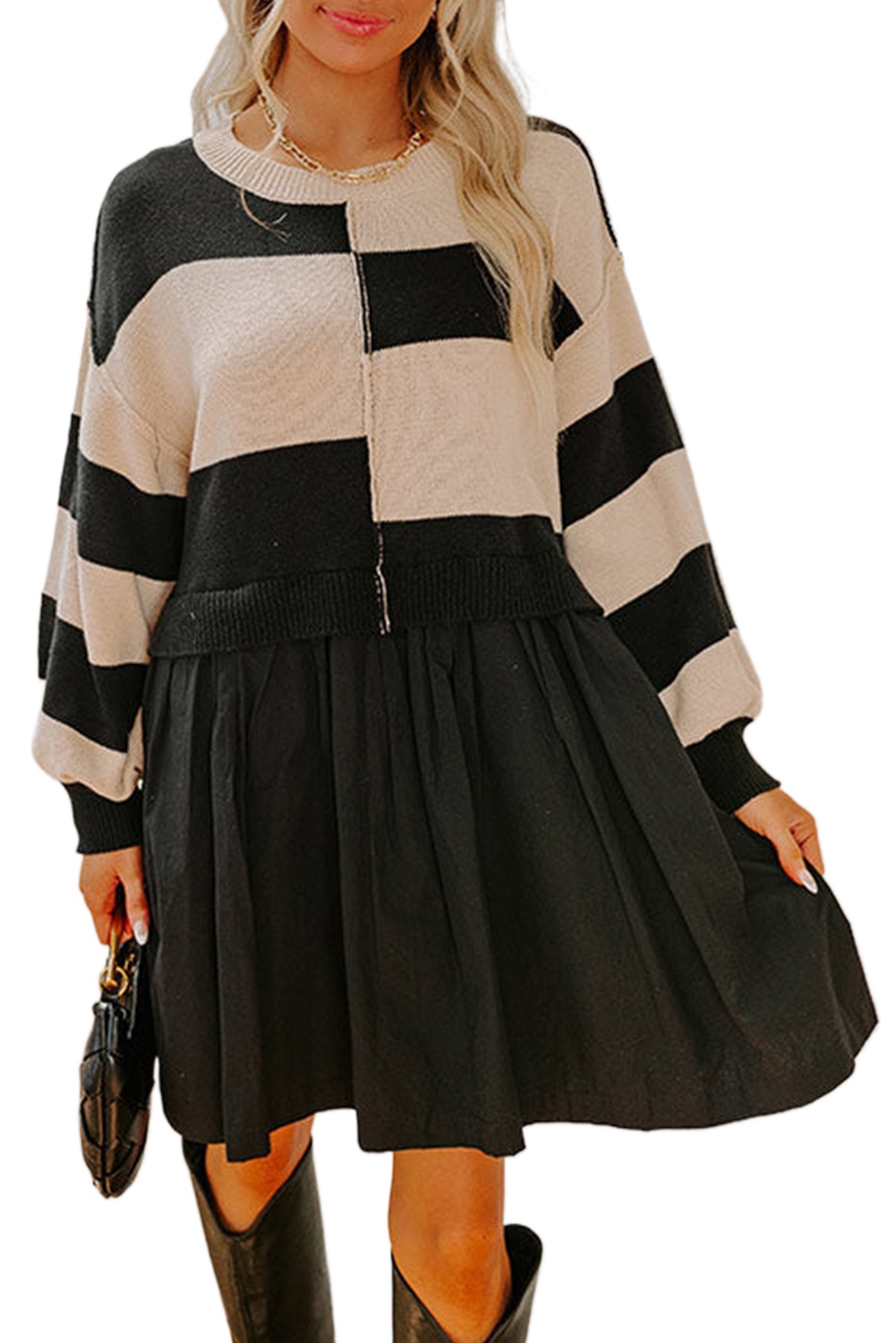 Women's Black Stripe Two-in-One Knitted Top High Waist Splicing Hem Sweater Dress - Main View Women's Black Stripe Two-in-One Knitted Top High Waist Splicing Hem Sweater Dress - Main View