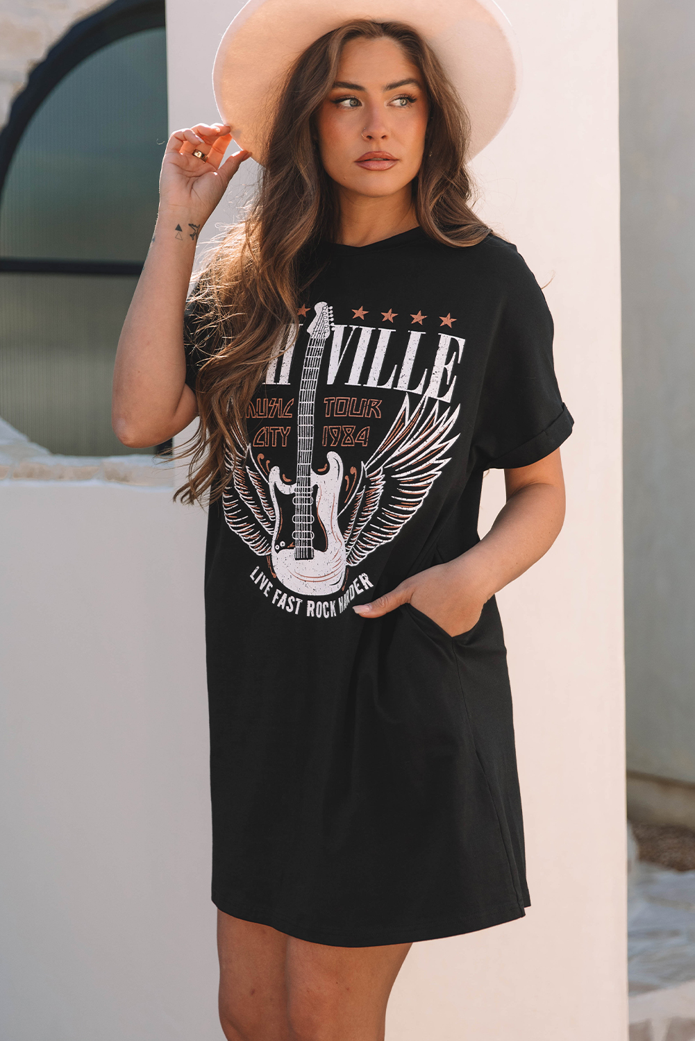 Cotton Nashville Guitar Mini Dress, Women's Short Sleeve - Detail View 3 Cotton Nashville Guitar Mini Dress, Women's Short Sleeve - Detail View 3