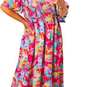 Women's Abstract Print Maxi Dress, Smocked Bust Puff Sleeve - Main View