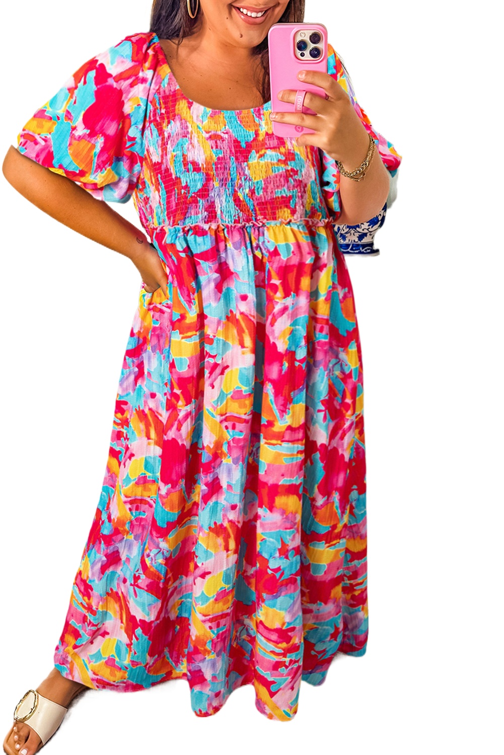 Women's Abstract Print Maxi Dress, Smocked Bust Puff Sleeve - Main View Women's Abstract Print Maxi Dress, Smocked Bust Puff Sleeve - Main View