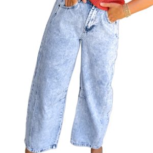 Women's Light Wash Barrel Jeans, Casual High Waist Denim - Main View