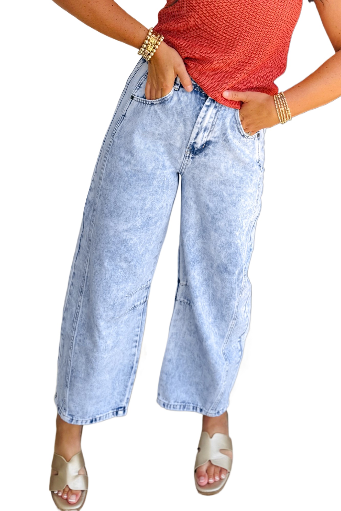Women's Light Wash Barrel Jeans, Casual High Waist Denim - Main View Women's Light Wash Barrel Jeans, Casual High Waist Denim - Main View