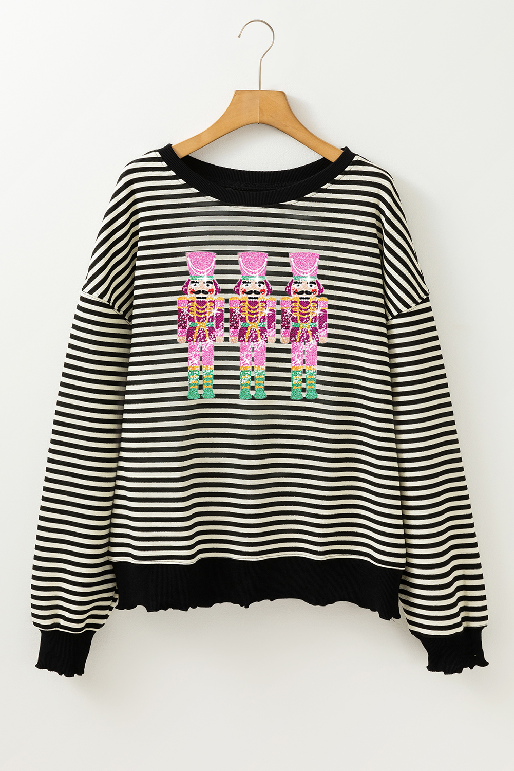 Women's Graphic Top, Black Stripe, Sequined Design, Nutcracker Doll, Drop Shoulder, Long Sleeve, Casual Style, Comfortable Fit, Holiday Fashion, Everyday Wear, Chic Tops, Autumn Fashion, Cartoon Pattern - Detail View 8 Women's Graphic Top, Black Stripe, Sequined Design, Nutcracker Doll, Drop Shoulder, Long Sleeve, Casual Style, Comfortable Fit, Holiday Fashion, Everyday Wear, Chic Tops, Autumn Fashion, Cartoon Pattern - Detail View 8