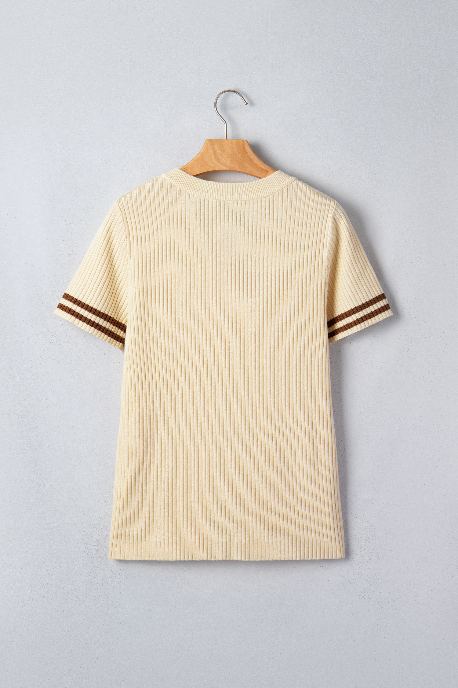 Stylish Women's Short Sleeve Ribbed Knit Top – Versatile Apricot V-Neck Sweater for Everyday Outfits - Detail View 3 Stylish Women's Short Sleeve Ribbed Knit Top – Versatile Apricot V-Neck Sweater for Everyday Outfits - Detail View 3