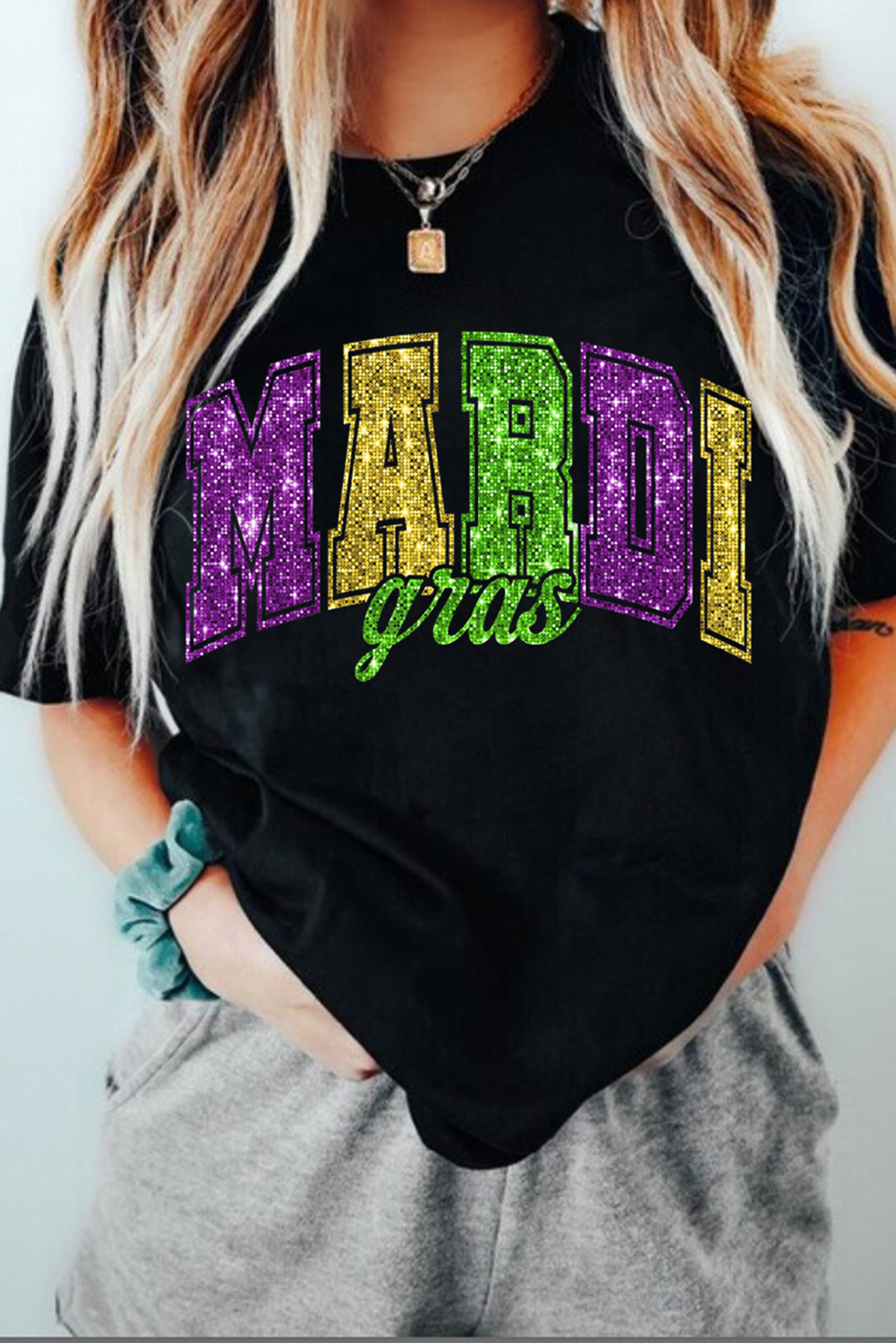 Casual Black Graphic Tee for Mardi Gras - Glittering Letter Print - Detail View 2 Casual Black Graphic Tee for Mardi Gras - Glittering Letter Print - Detail View 2