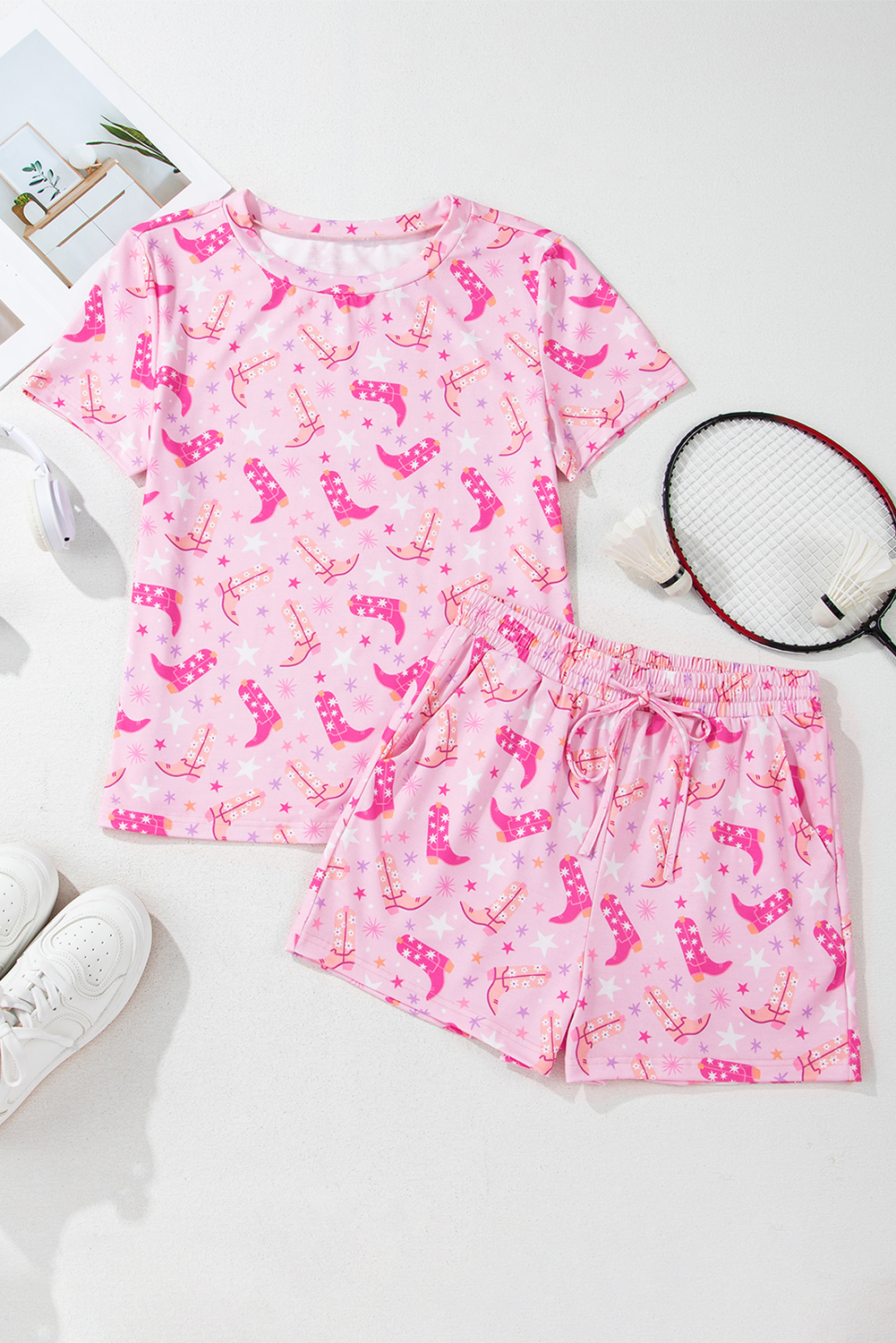 Women's Pink Western Boots Printed Short 2-Piece Lounge Set for Summer - Detail View 9 Women's Pink Western Boots Printed Short 2-Piece Lounge Set for Summer - Detail View 9
