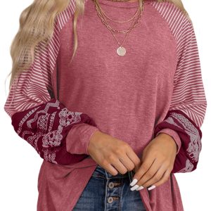 Women's Mineral Red Contrast Print Striped Raglan Long Sleeve Loose Top - Main View