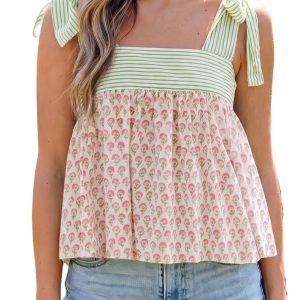 Women's Floral Striped Tie Shoulder Tank Top – Casual Cami - Main View