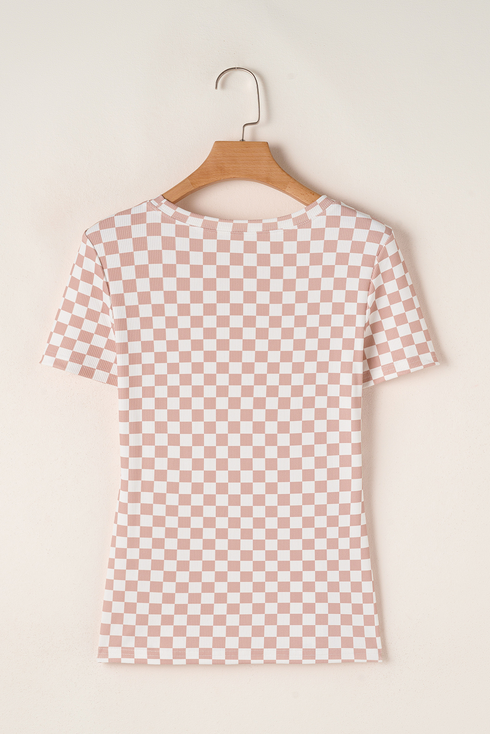 Women's T-Shirt, Pink Checkered, Ribbed Fabric, Slim Fit, Crew Neck, Casual Style, Summer Wear, Comfortable, Geometric Pattern, Versatile Look, Daily Wear, Tops, Tops & Tees - Detail View 4 Women's T-Shirt, Pink Checkered, Ribbed Fabric, Slim Fit, Crew Neck, Casual Style, Summer Wear, Comfortable, Geometric Pattern, Versatile Look, Daily Wear, Tops, Tops & Tees - Detail View 4