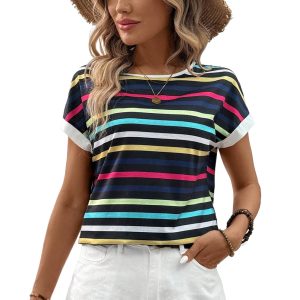 Women's Black Stripe Multicolor Contrast Edge Crew Neck T-Shirt - Main View