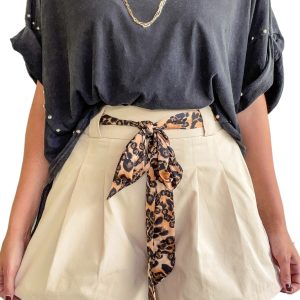 Women's Oatmeal Wide Leg Shorts – High Waist Pleated Cotton Shorts with Leopard Sash Belt - Main View