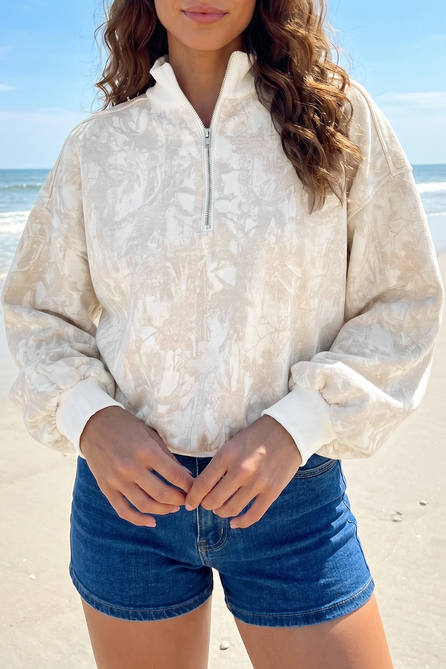 Modern Khaki Camo Pullover, Stand Neck Long Sleeve Top - Detail View 8 Modern Khaki Camo Pullover, Stand Neck Long Sleeve Top - Detail View 8