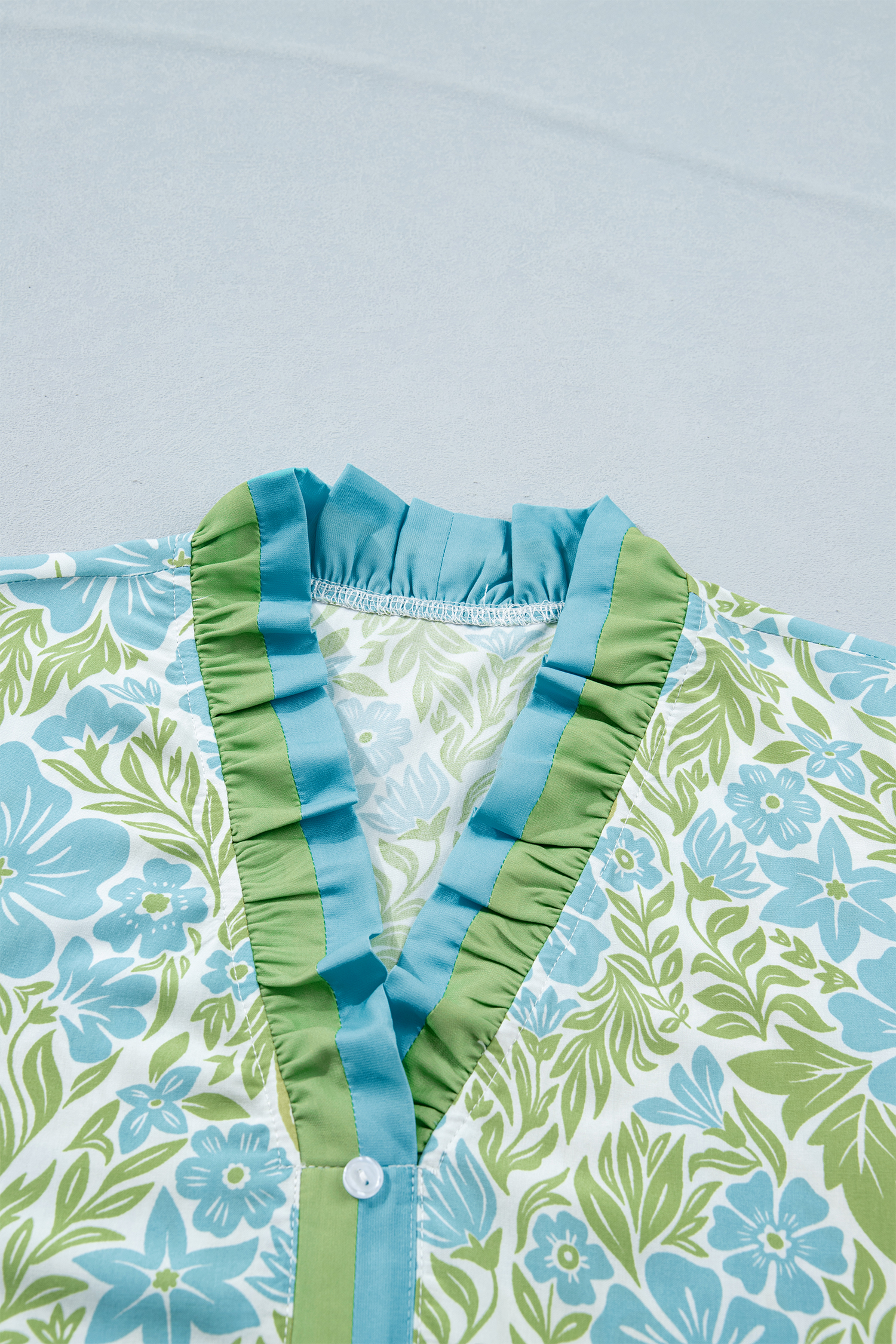 Women's Sky Blue Botanical Floral Dress – V-Neck Button Front Short Sleeve Mini Dress - Detail View 7 Women's Sky Blue Botanical Floral Dress – V-Neck Button Front Short Sleeve Mini Dress - Detail View 7