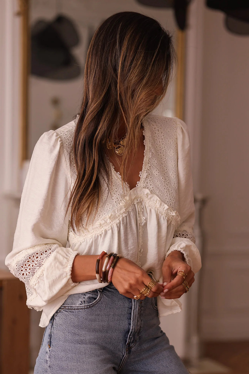 Women's Elegant White Floral Lace Blouse – Long Sleeve V-Neck Top for Stylish Spring Outfits - Detail View 7 Women's Elegant White Floral Lace Blouse – Long Sleeve V-Neck Top for Stylish Spring Outfits - Detail View 7