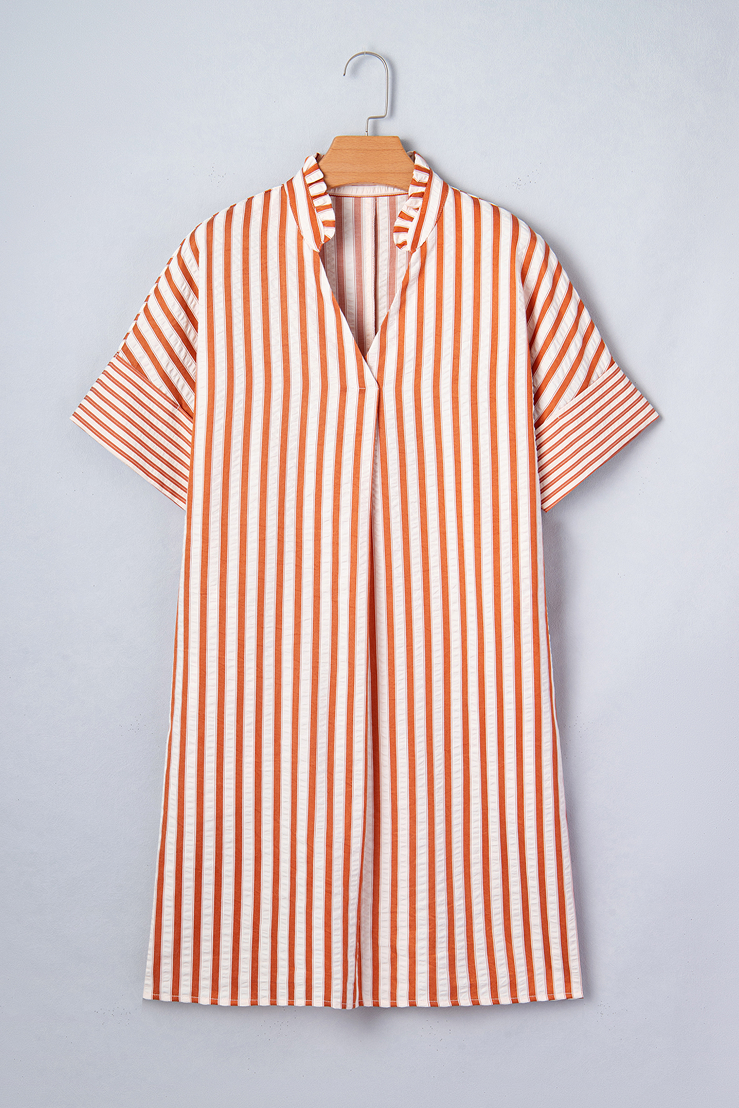 Chic Brown Stripe Mini Dress for Women – V Neck Design, Perfect for Daily Summer Wear - Detail View 2 Chic Brown Stripe Mini Dress for Women – V Neck Design, Perfect for Daily Summer Wear - Detail View 2