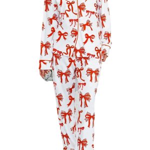 Women's Red Christmas Bow Print Long Pajama Set – Cozy 2-Piece For Holiday Comfort - Main View