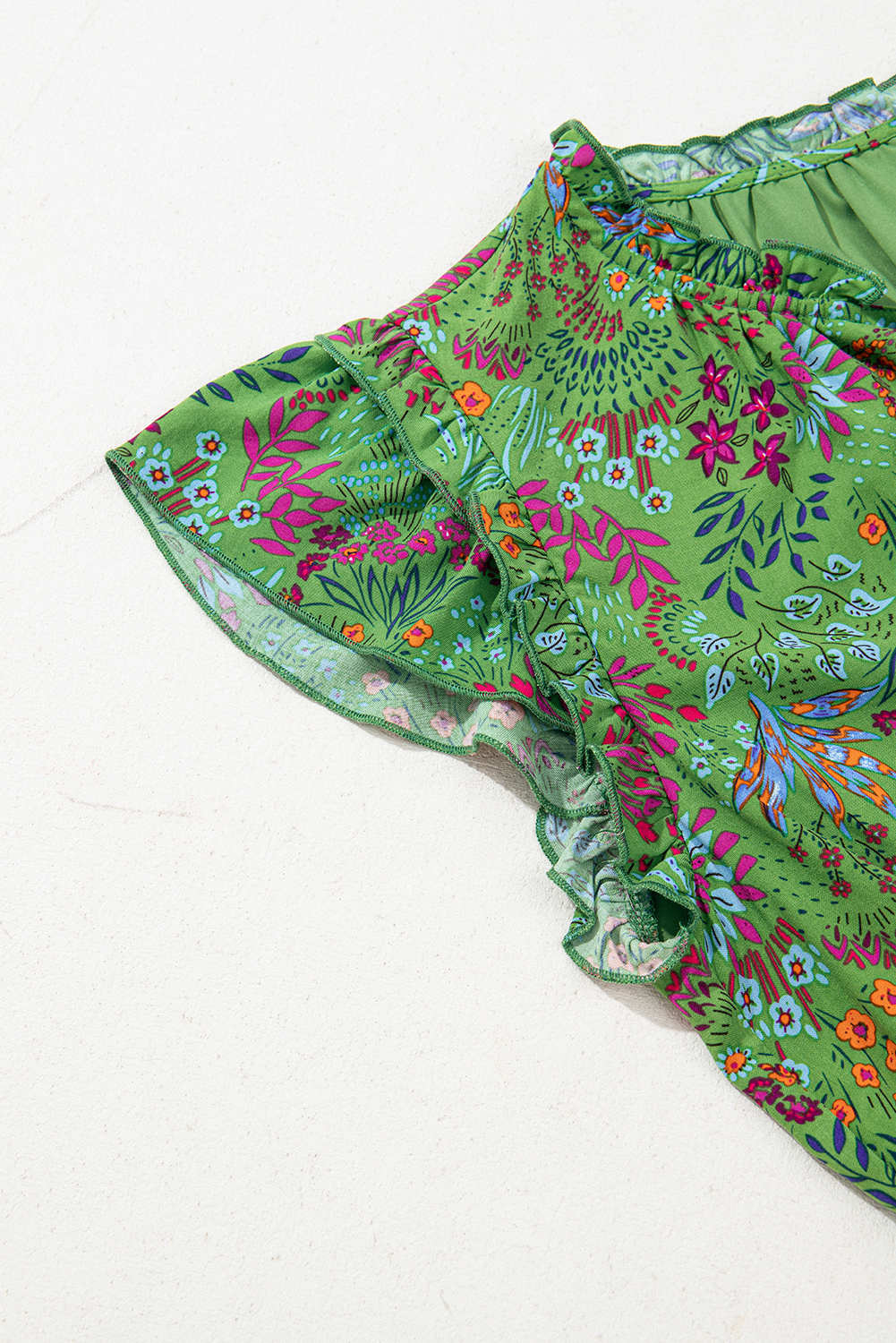 Women's Vibrant Green Floral Tie Split Neck Ruffled Tiered Short Dress - Detail View 13 Women's Vibrant Green Floral Tie Split Neck Ruffled Tiered Short Dress - Detail View 13