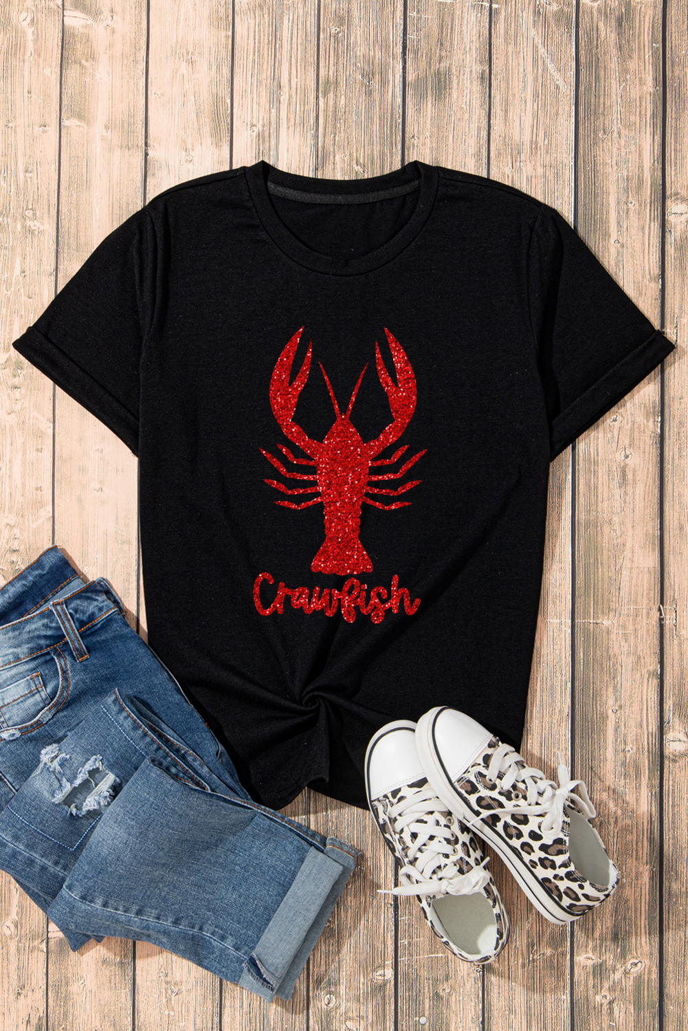 Women's Black Shimmering Crawfish Graphic Tee - Casual Summer Wear - Detail View 9 Women's Black Shimmering Crawfish Graphic Tee - Casual Summer Wear - Detail View 9