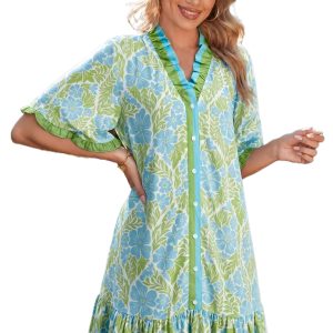 Women's Sky Blue Botanical Floral Dress – V-Neck Button Front Short Sleeve Mini Dress - Main View